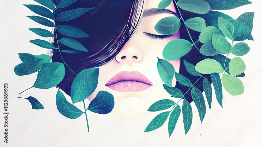 Wall mural   A woman with closed eyes surrounded by green leaves