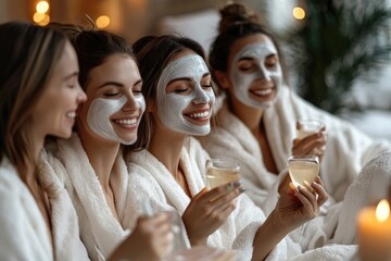 Four cheerful women wearing bathrobes and face masks enjoying drinks at spa party