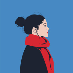 Side Profile of a Woman with a Red Scarf on a Blue Background