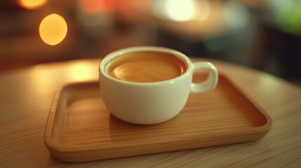 Obraz premium Close-up of a freshly brewed espresso shot in a white ceramic cup placed on a wooden tray blurred cozy cafe in warm tones soft ambient lighting