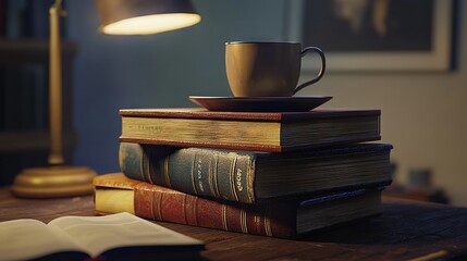 Naklejka premium A bookshelf with a coffee cup resting on top sits beside the table