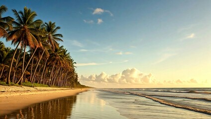 picture of a long beach, on one side of the beach the lapping waves against the shore, white sand extends into the distance, on the other side, a row of palm trees runs parallel to the shoreline.