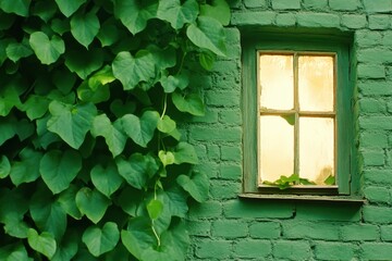 Glowing window in an old brick house surrounded by lush ivy creates a mysterious and intimate atmosphere