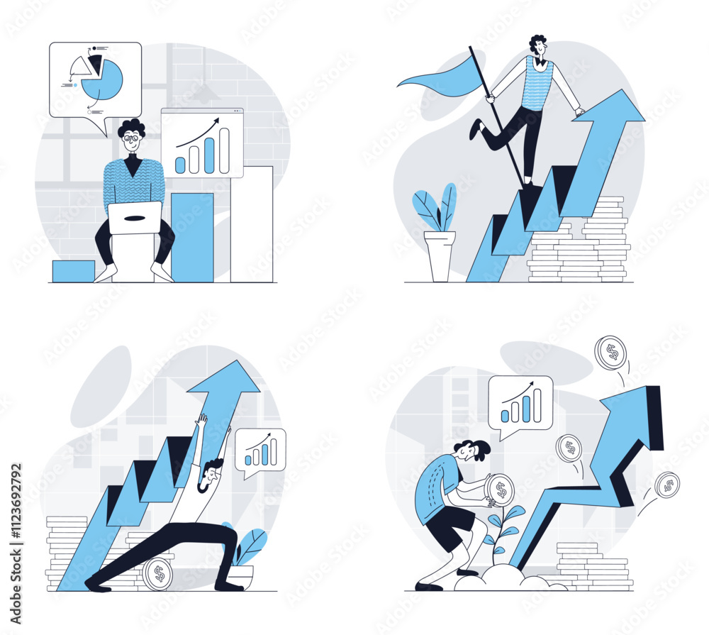 Poster Business growth concept set in flat design for web. Collection with people making data analysis, developing project and getting arrow up graph and financial rise statistic. Vector illustrations.