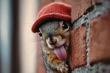 Squirrel wearing a hat peeking around a brick wall in a playful moment