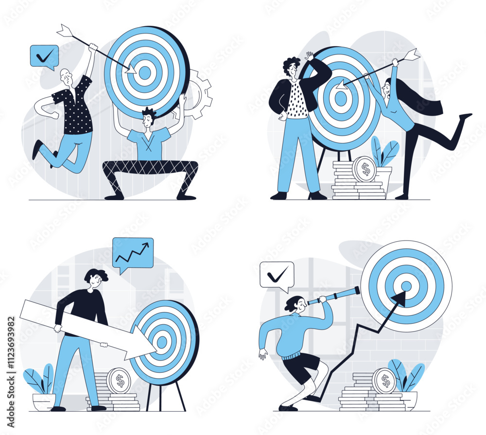 Aufkleber business target concept set in flat design for web. collection with people working in team, planning