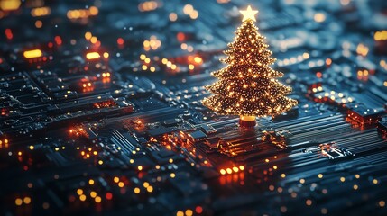 Christmas Tree on a Christmas Poster in Computer Technology Style