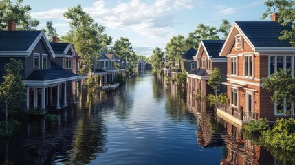 Fototapeta premium Flooded suburban neighborhood with houses partially submerged in water.