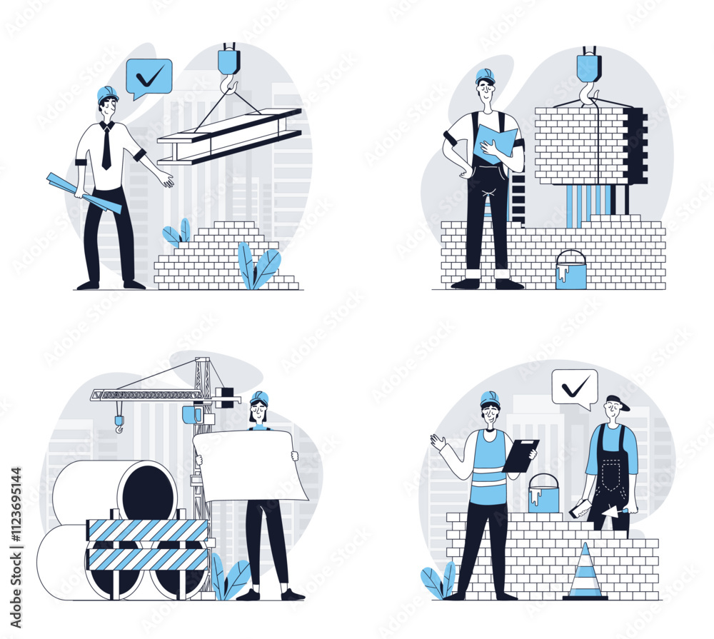 Wall mural construction engineer concept set in flat design for web. collection with people working at building
