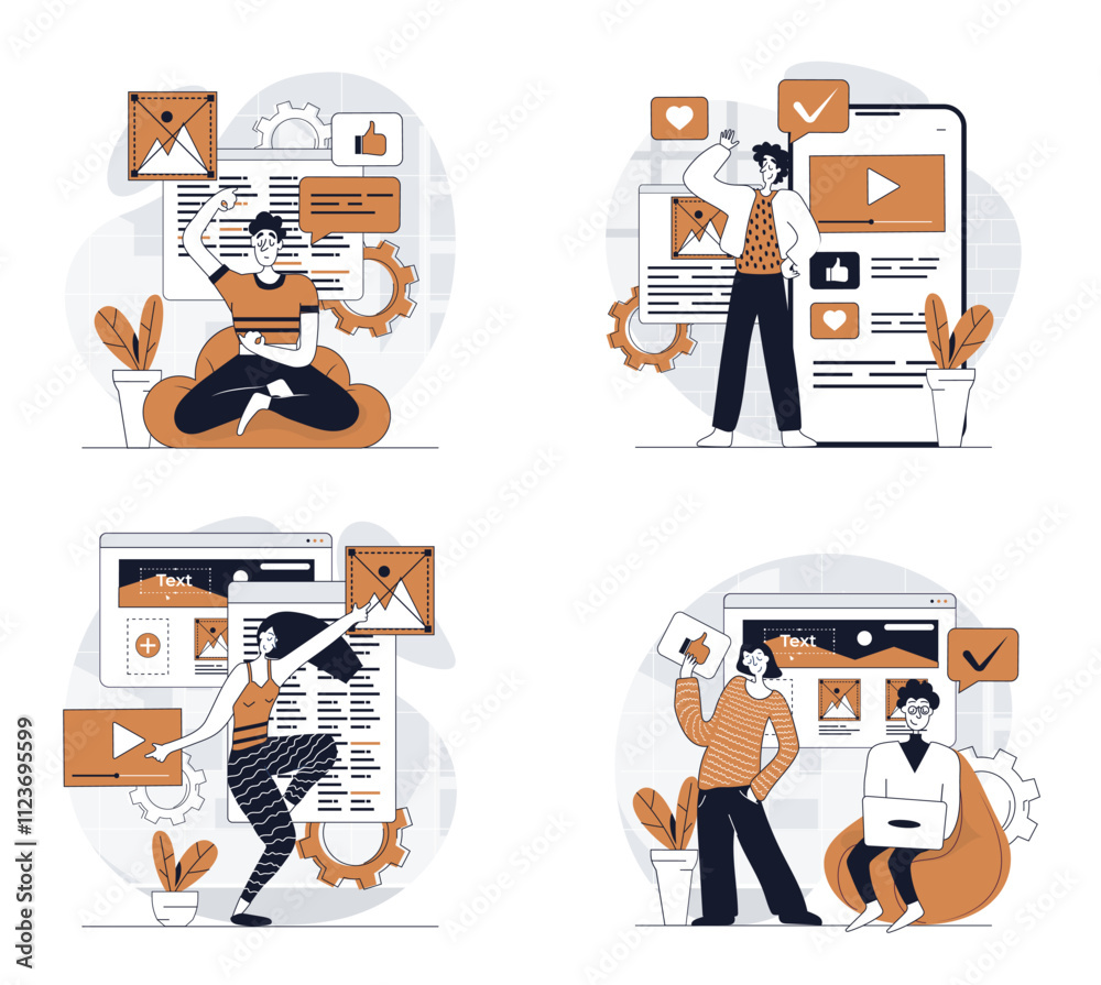 Poster content manager concept set in flat design for web. collection with people creating text, photos, im