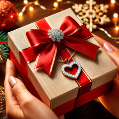 A charming gift of jewelry featuring a delicate heart-shaped pendant on a chain, elegantly presented in a golden box adorned with a vibrant red bow, symbolizing love and elegance.
