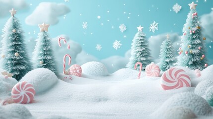 Festive winter scene with candy canes and lollipops in a snowy landscape with miniature Christmas trees.