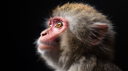 Obraz premium Close-up profile of a Japanese macaque looking up against a black background.
