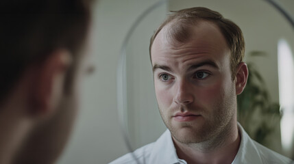 A man examines his reflection in the mirror while contemplating his thinning hair in a well-lit indoor setting during the day