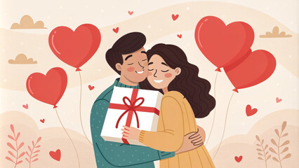 Generative ai. Valentine's Day illustration, couple embracing, heart balloons, gift box, romantic scene, pastel colors, cute cartoon style, love theme, affectionate pose, floating hearts background