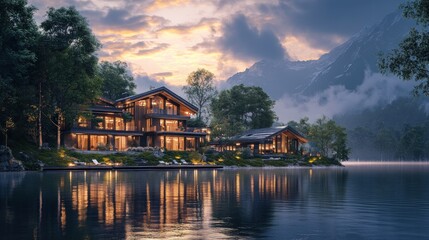 Fototapeta premium Luxurious lakeside chalet at sunset, nestled in mountains.