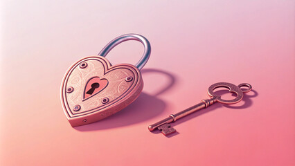 Generative ai. Heart-shaped padlock, ornate brass key, pink gradient background, soft lighting, romantic mood, Valentine's Day concept, love symbol, security metaphor, vintage style