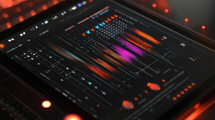 Fototapeta premium Digital audio workstation screen displays colorful waveforms.