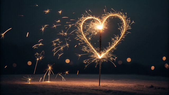 Generative ai. Sparkler heart, long exposure photography, night sky, romantic atmosphere, glowing sparks, dark background, Valentine's Day, love symbol, magical moment, firework trails - Powered by Adobe