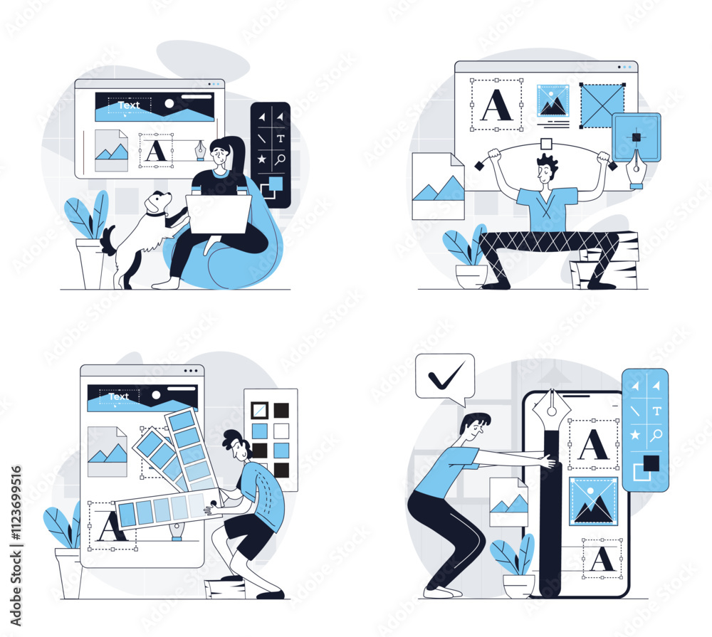 Leinwandbilder designer studio concept set in flat design for web. collection with people creating graphic elements