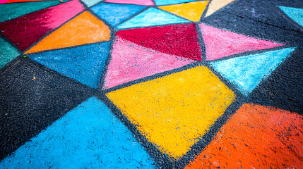 Fototapeta premium A vibrant chalk drawing of geometric patterns on a sidewalk created during a street art festival.