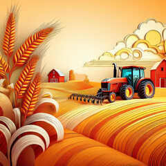 Agricultural greeting card with plow, barn, and tractor symbols.