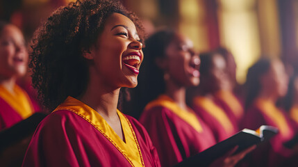 Obraz premium A vibrant church choir dressed in traditional robes singing joyfully during a celebration service.