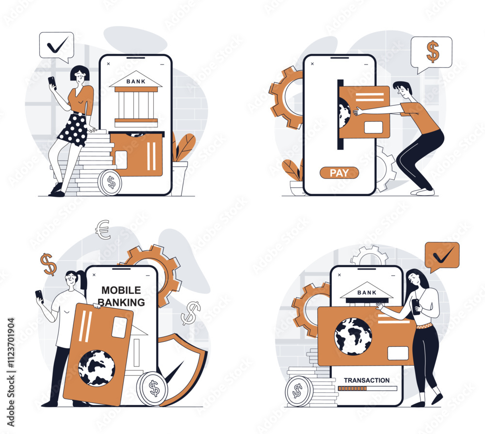 Aufkleber mobile banking concept set in flat design for web. collection with people using online bank services