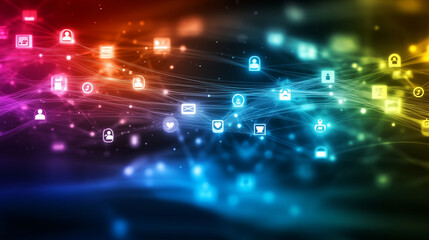 Fototapeta premium A sleek network diagram with colorful avatars connected by pulsating lines, set against a gradient background with subtle social media icons scattered throughout
