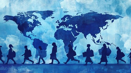 Blue Artwork Celebrating International Migrants Day with Walking Silhouettes and World Map