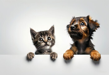Group of puppies and kittens looking over the sign.
