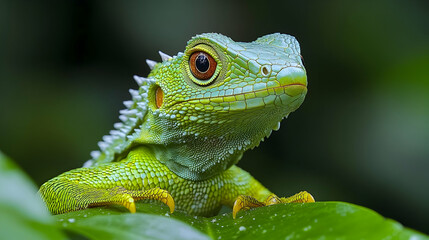 Fototapeta premium A green reptile, possibly a lizard or chameleon, perches on a branch in its natural habitat