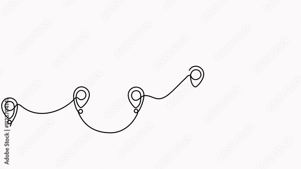 Wall mural airplane continuous line drawing with map pin pointer animation. airplane flying with start point ro