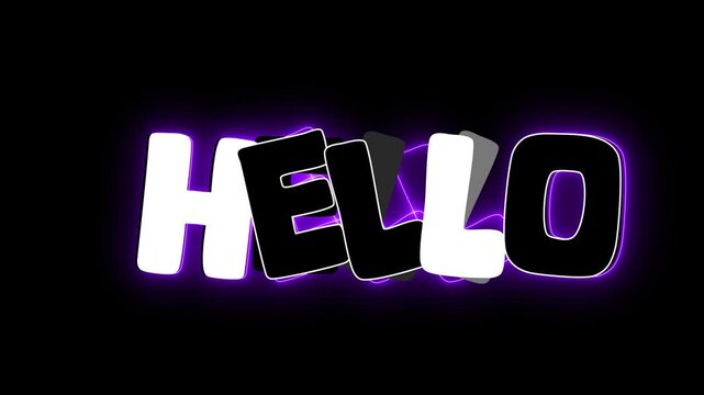 Simple triple echo effect animation with text word hello. Black background, purple neon glowing outline and simple flat typography
