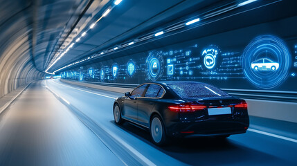 An autonomous car gliding through a highway tunnel, with glowing icons of safety features and connectivity projected on the tunnel walls