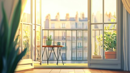  A table with a potted plant sits in front of a cityscape window