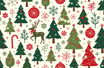Festive christmas pattern with trees, reindeer, ornaments, and candy canes