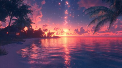 Obraz premium A serene beach sunset with vibrant colors and sparkling lights reflecting on the water.