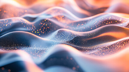 Obraz premium Abstract representation of flowing waves with glowing particles at dusk in a vibrant color palette of orange and blue hues