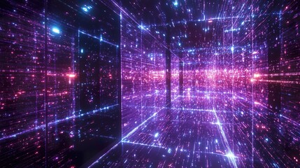 Obraz premium Abstract digital space with glowing particles and lines forming a futuristic tunnel.