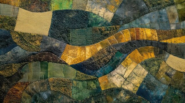 Aerial view of farmland with fields in different colors including green brown and yellow creating a patchwork effect