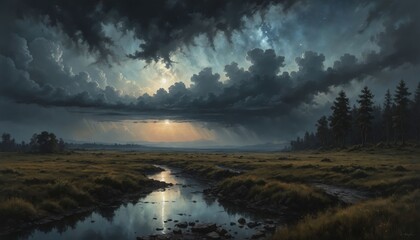 Fototapeta premium Majestic twilight envelops rolling hills under dramatic skies