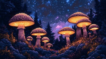 Fototapeta premium Starry sky glowing mushrooms magical artistic stunning illustration design
