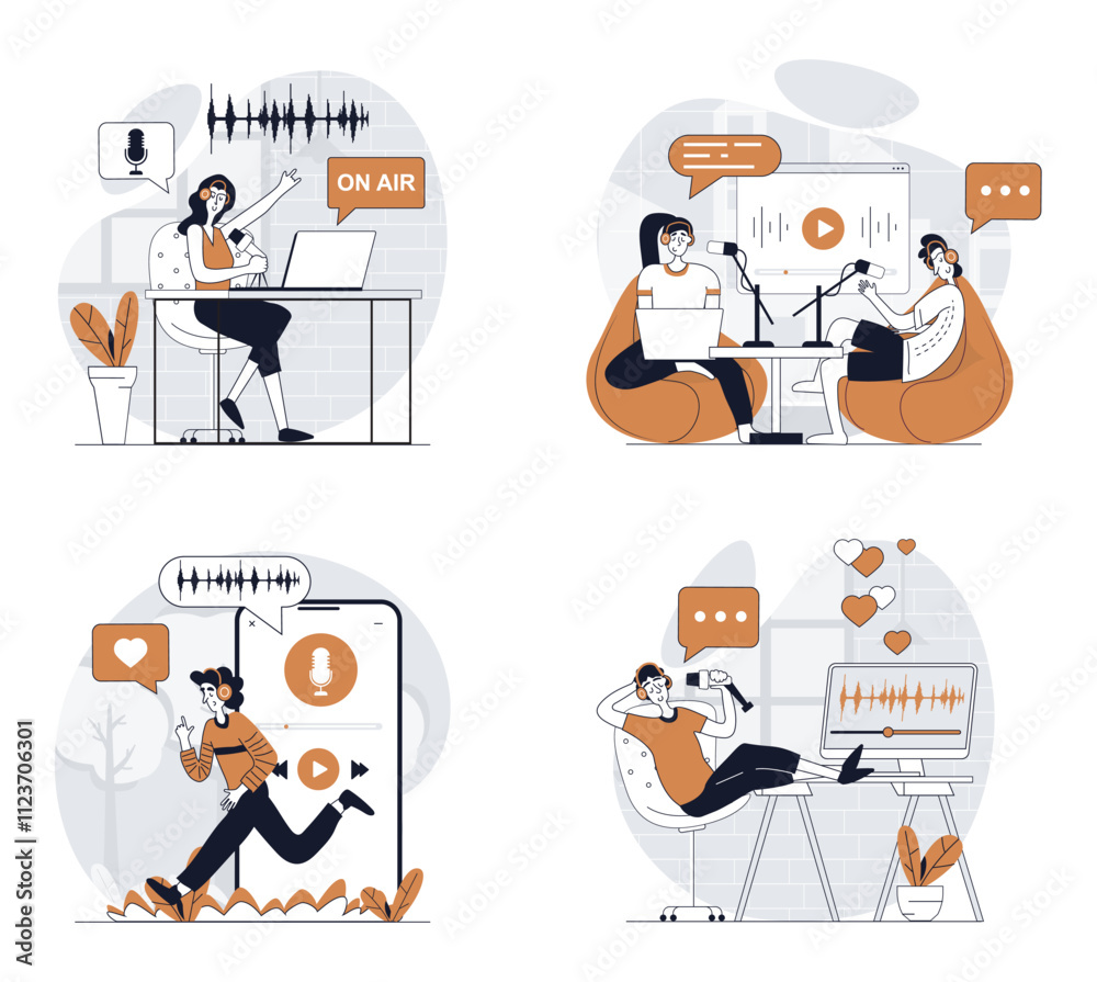 Aufkleber Podcast streaming concept set in flat design for web. Collection with people in headphones broadcasting and recording talks in studio, creating audio content, followers listen. Vector illustrations.