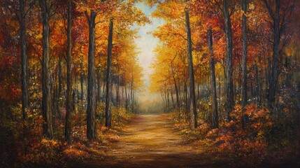 Obraz premium Autumn forest path, with tall trees on either side displaying vibrant fall foliage, leading into the depth of the forest