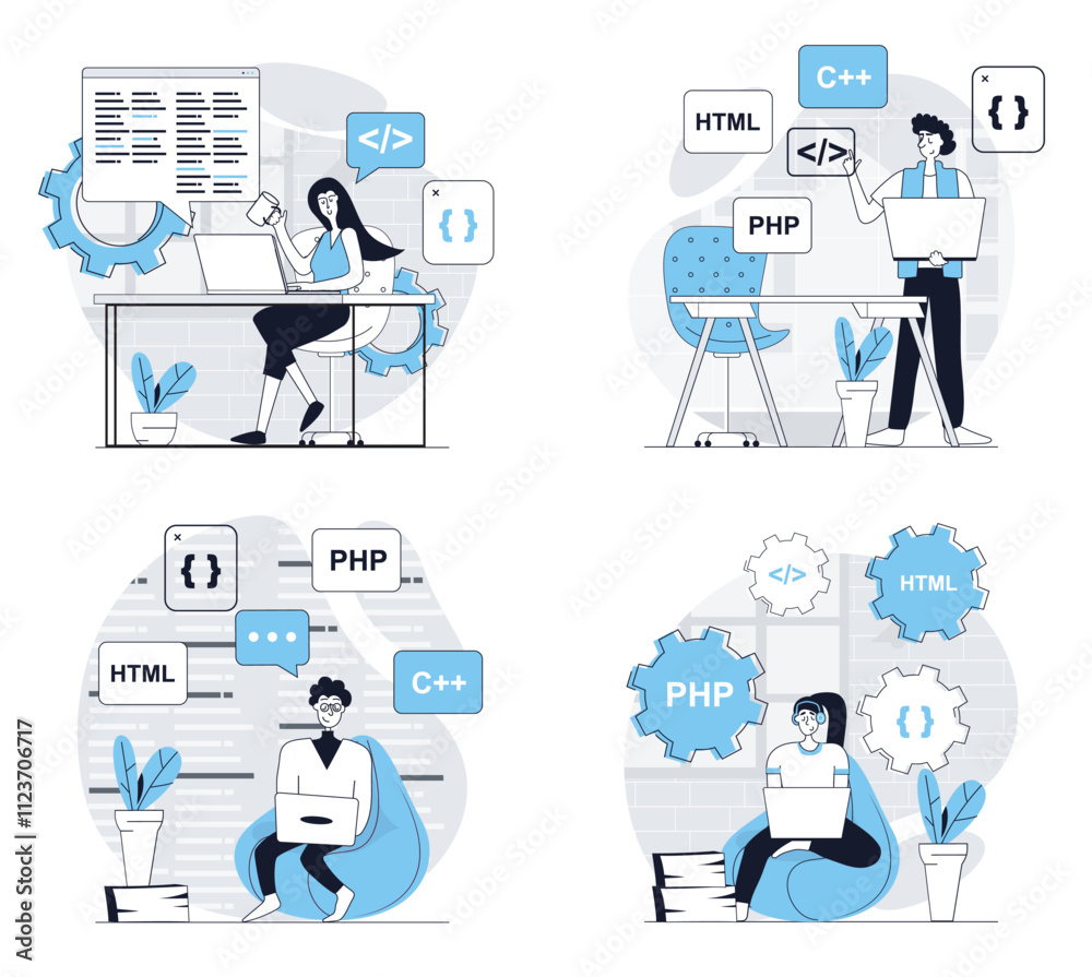 Aufkleber Programmer working concept set in flat design for web. Collection with people coding at screens, programming at different computer languages, creating applications and sites. Vector illustrations.