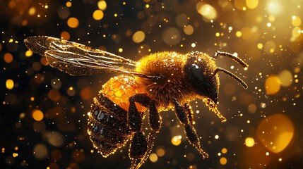 Naklejka premium Golden bee in flight, pollen, sparkles.