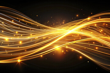 Abstract golden glowing wave with sparkles on black background.