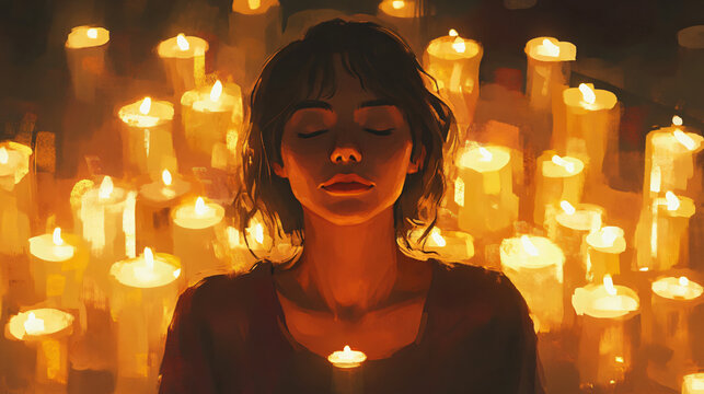 A person surrounded by candlelight, meditating with eyes closed, radiating peace and serenity in a calm environment.
