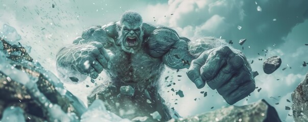 angry stone monster punches ice with his hand against rocks.